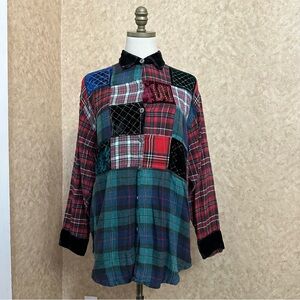 VTG Y2K 90s Plaid Patchwork Velvet Velour Button Up Flannel Shirt
